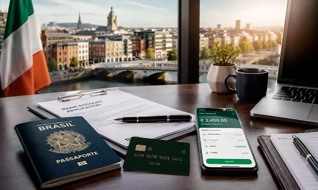 Passaporte brasileiro, cartão bancário e documentos para abertura de conta bancária na Irlanda sobre uma mesa.