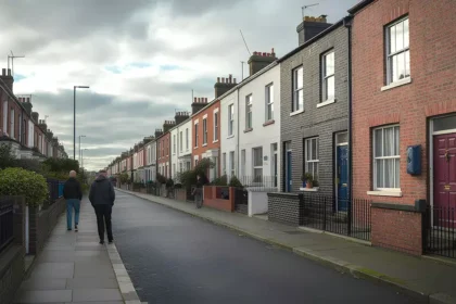 Rua residencial com casas geminadas em um bairro da Irlanda.