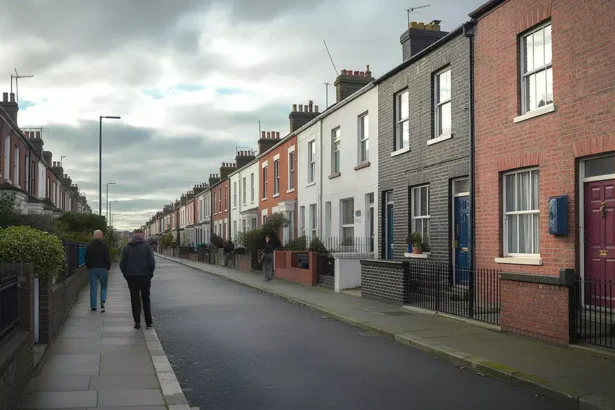 Rua residencial com casas geminadas em um bairro da Irlanda.