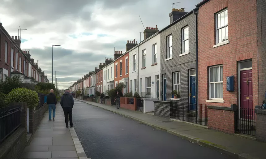 Rua residencial com casas geminadas em um bairro da Irlanda.