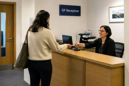 Paciente sendo atendido na recepção de uma clínica GP na Irlanda durante o processo de registo para consulta médica.