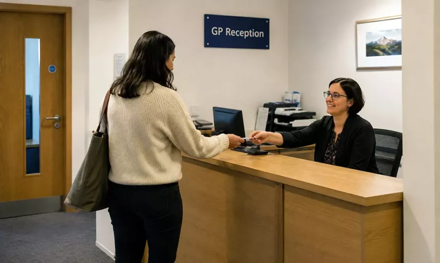 Paciente sendo atendido na recepção de uma clínica GP na Irlanda durante o processo de registo para consulta médica.