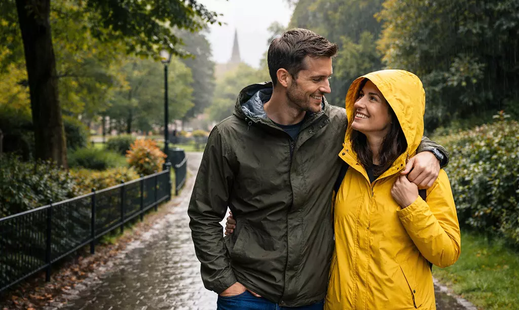 Casal caminhando em um parque durante um dia chuvoso na Irlanda, usando casacos impermeáveis.