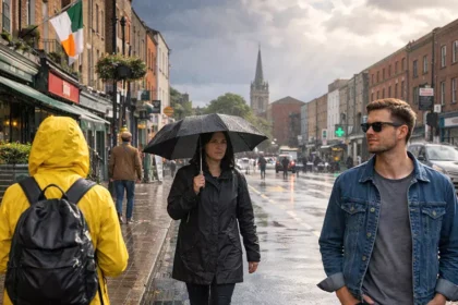 Pedestres caminham sob chuva em uma rua movimentada de Dublin, na Irlanda.