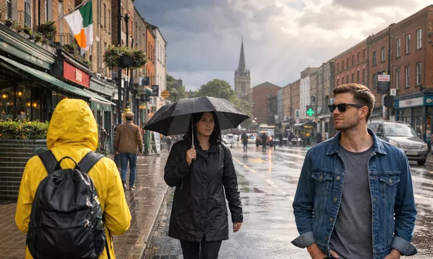 Pedestres caminham sob chuva em uma rua movimentada de Dublin, na Irlanda.