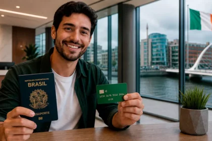Brasileiro segurando passaporte e cartão bancário após abrir uma conta na Irlanda.