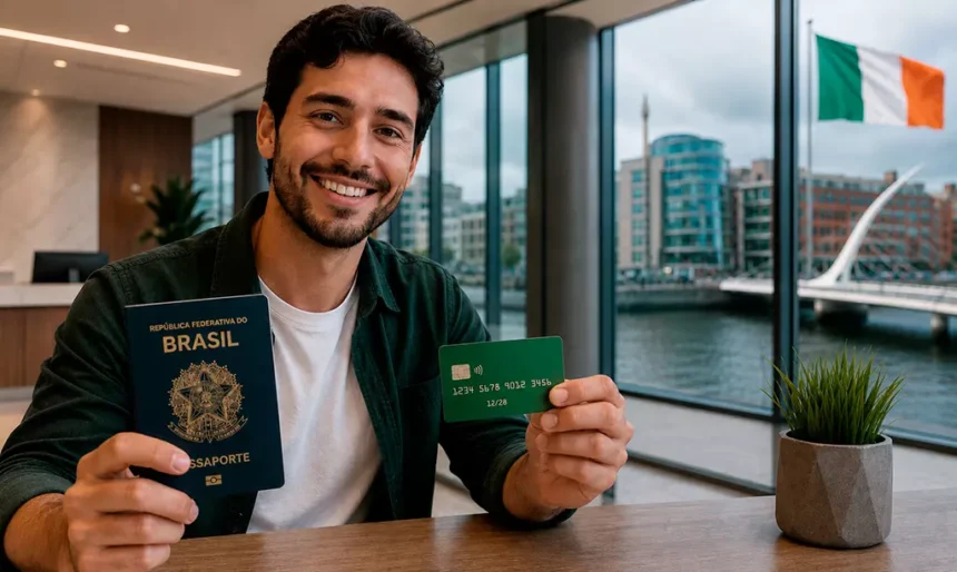 Brasileiro segurando passaporte e cartão bancário após abrir uma conta na Irlanda.
