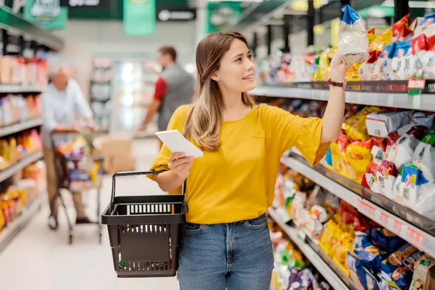 Pessoa fazendo compras em um supermercado na Irlanda com cesta e lista de compras.