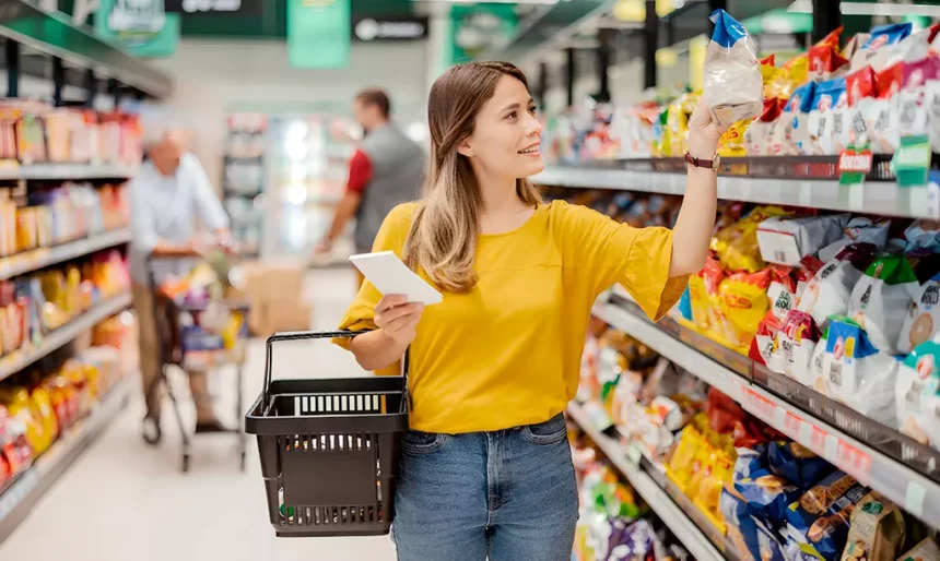 Pessoa fazendo compras em um supermercado na Irlanda com cesta e lista de compras.