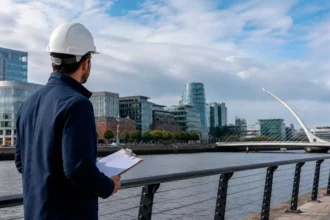 Profissional utilizando equipamentos de segurança observa a região empresarial de Dublin, na Irlanda.