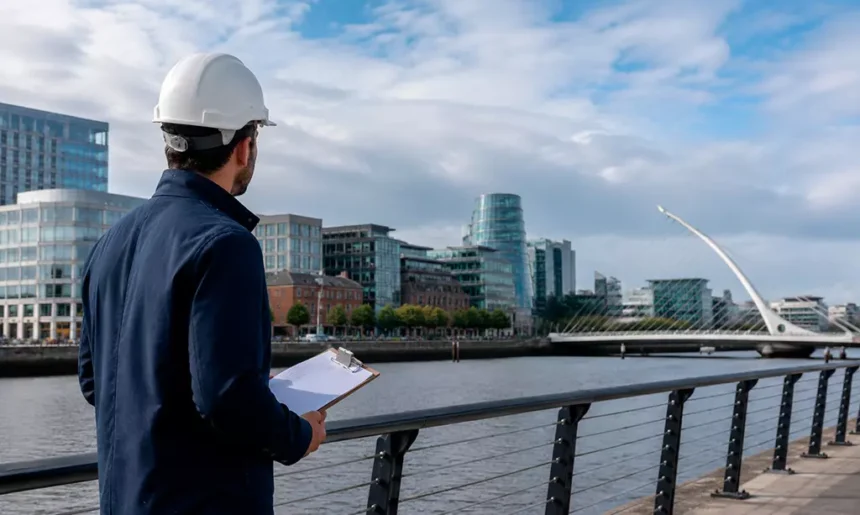 Profissional utilizando equipamentos de segurança observa a região empresarial de Dublin, na Irlanda.