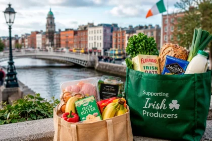 Sacolas com alimentos e produtos de supermercado às margens do Rio Liffey, em Dublin.