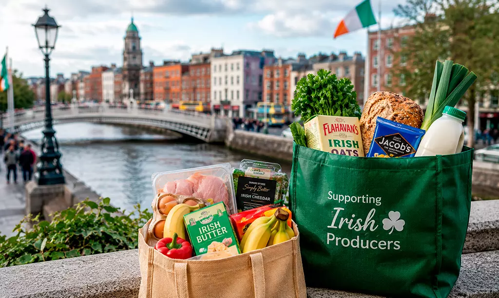 Sacolas com alimentos e produtos de supermercado às margens do Rio Liffey, em Dublin.