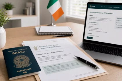 Passaporte brasileiro, documentos para emissão do PPS Number e notebook com o portal gov.ie abertos sobre uma mesa, representando o processo de solicitação na Irlanda.