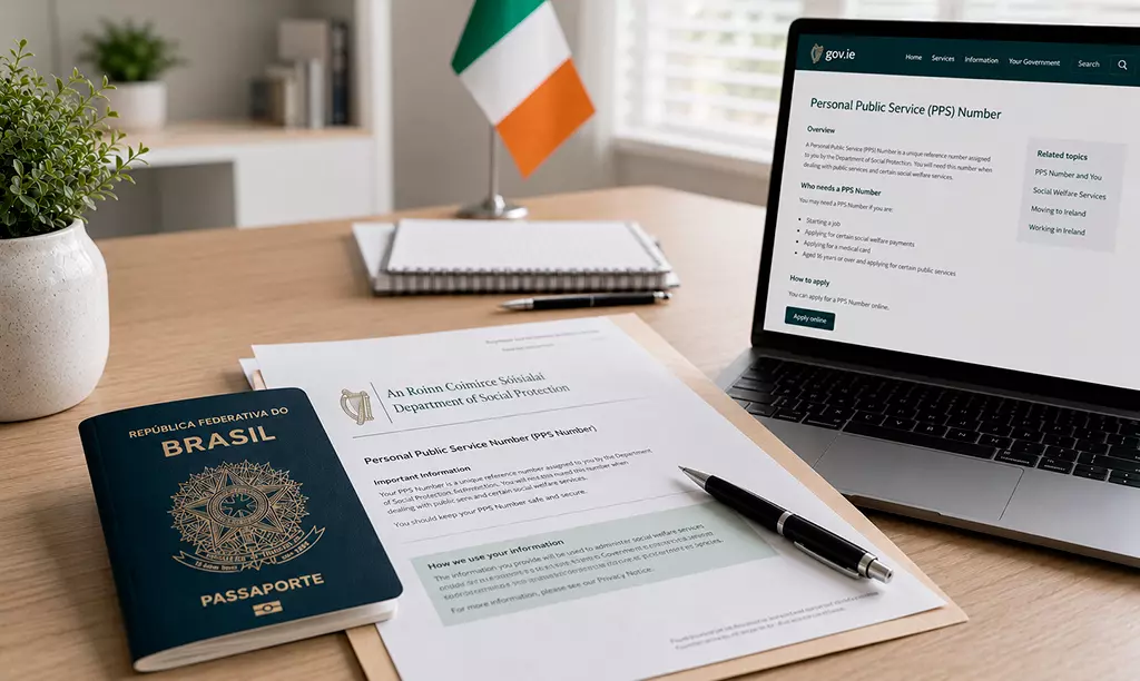 Passaporte brasileiro, documentos para emissão do PPS Number e notebook com o portal gov.ie abertos sobre uma mesa, representando o processo de solicitação na Irlanda.