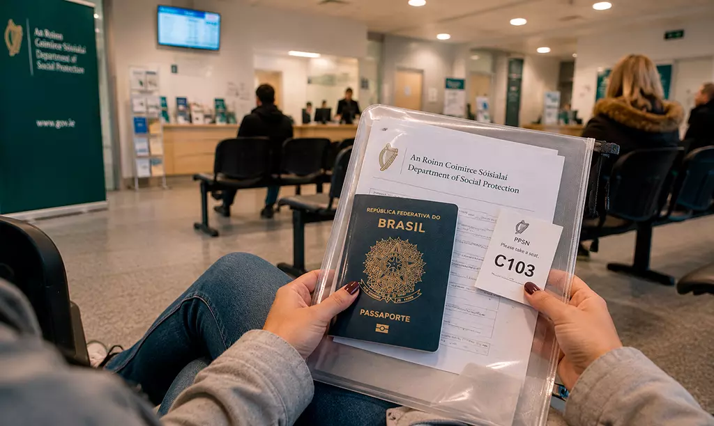 Pessoa aguardando atendimento no Department of Social Protection com passaporte brasileiro e documentos necessários para solicitar o PPS Number na Irlanda.