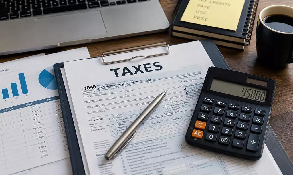 Documentos e calculadora utilizados para organizar e calcular impostos na Irlanda.