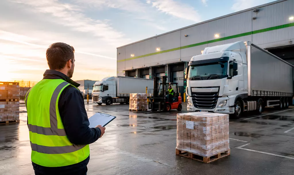 Centro de distribuição com caminhões e operações logísticas em atividade na Irlanda.