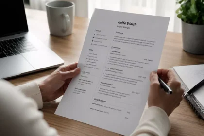 Pessoa segurando um modelo de currículo irlandês (CV) sobre uma mesa de trabalho, com notebook e materiais de escritório ao fundo.