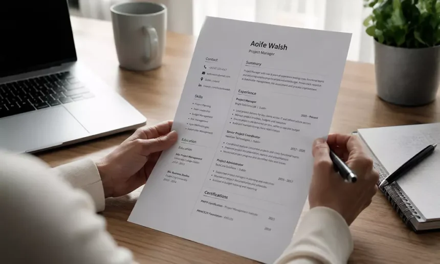 Pessoa segurando um modelo de currículo irlandês (CV) sobre uma mesa de trabalho, com notebook e materiais de escritório ao fundo.