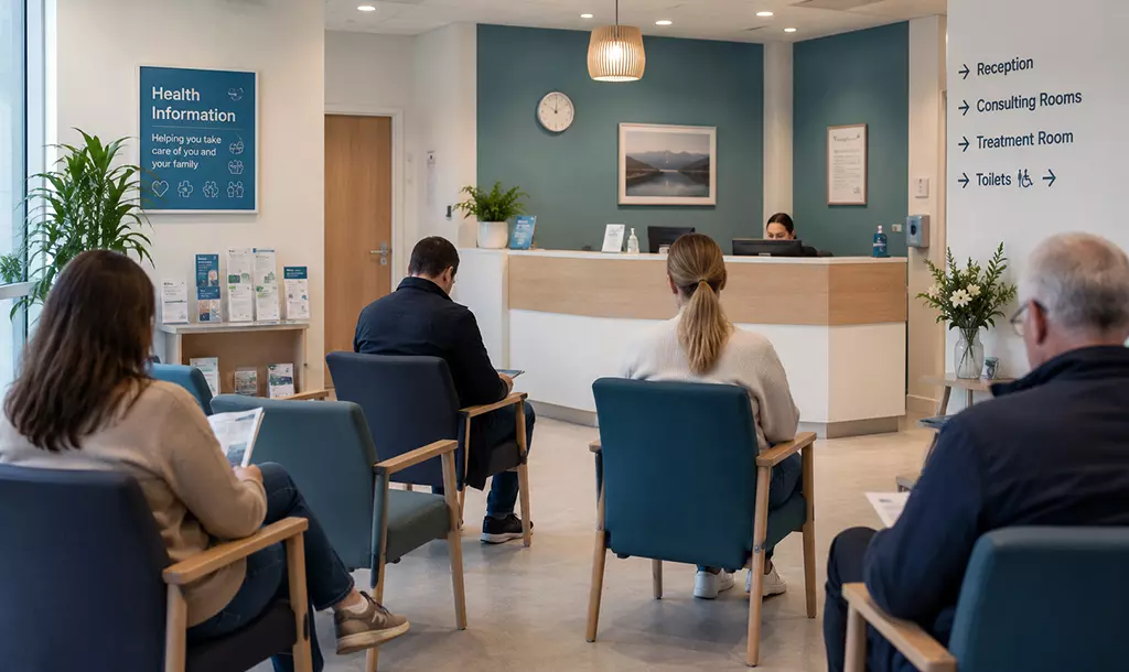 Pacientes aguardando atendimento na sala de espera de uma clínica médica (GP) na Irlanda.