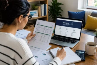 Pessoa consultando o portal Revenue e analisando documentos relacionados ao sistema de impostos na Irlanda.