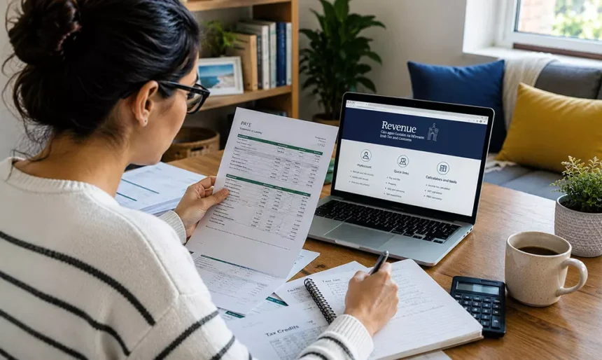 Pessoa consultando o portal Revenue e analisando documentos relacionados ao sistema de impostos na Irlanda.