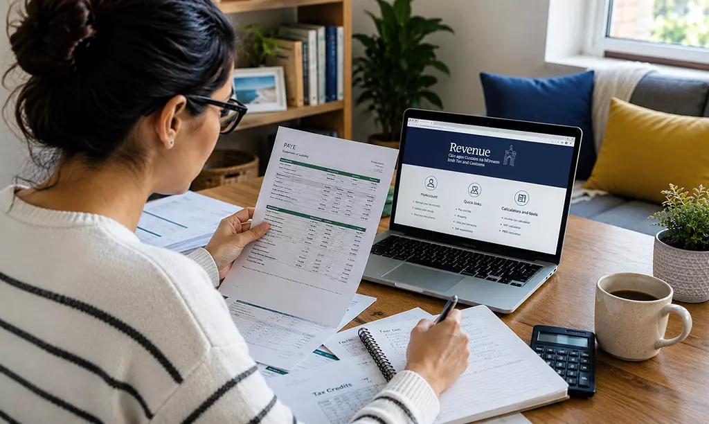 Pessoa consultando o portal Revenue e analisando documentos relacionados ao sistema de impostos na Irlanda.